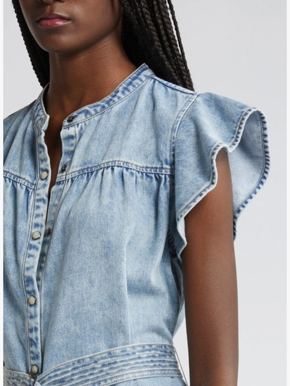 Rails Light Blue Denim Midi Dress with Ruffle Cap Sleeves